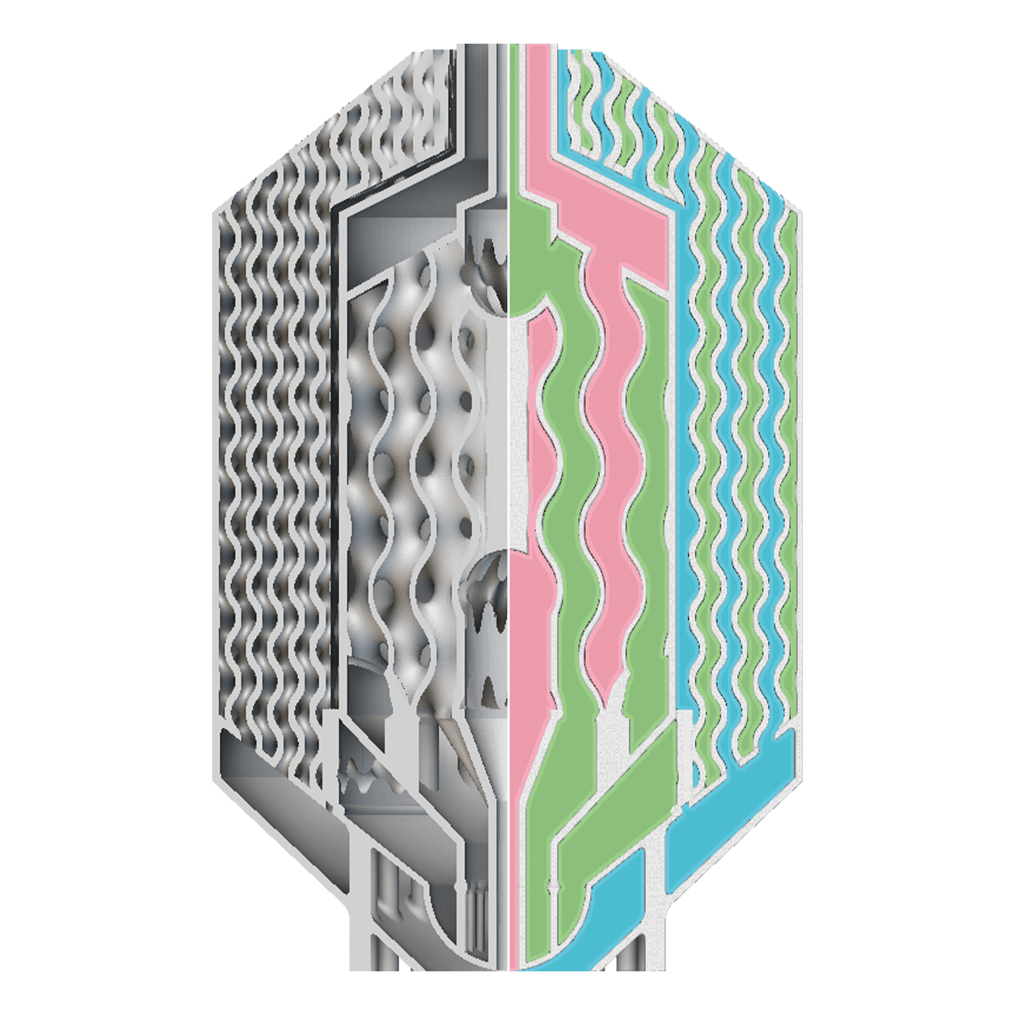 Cutaway view of a metal 3D printed heat exchanger showing internal cooling channels