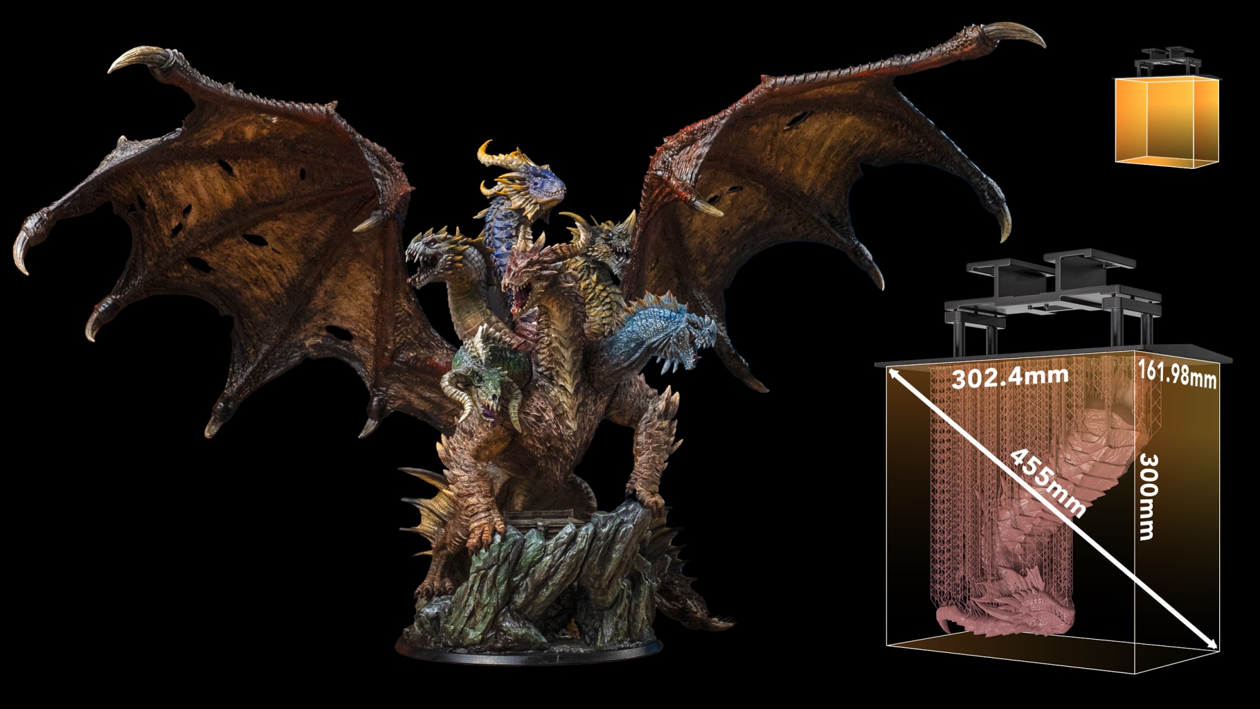 Large multi-headed dragon resin print beside a 302.4 × 161.98 × 300 mm build-volume diagram, showcasing 14-inch large-format printing.
