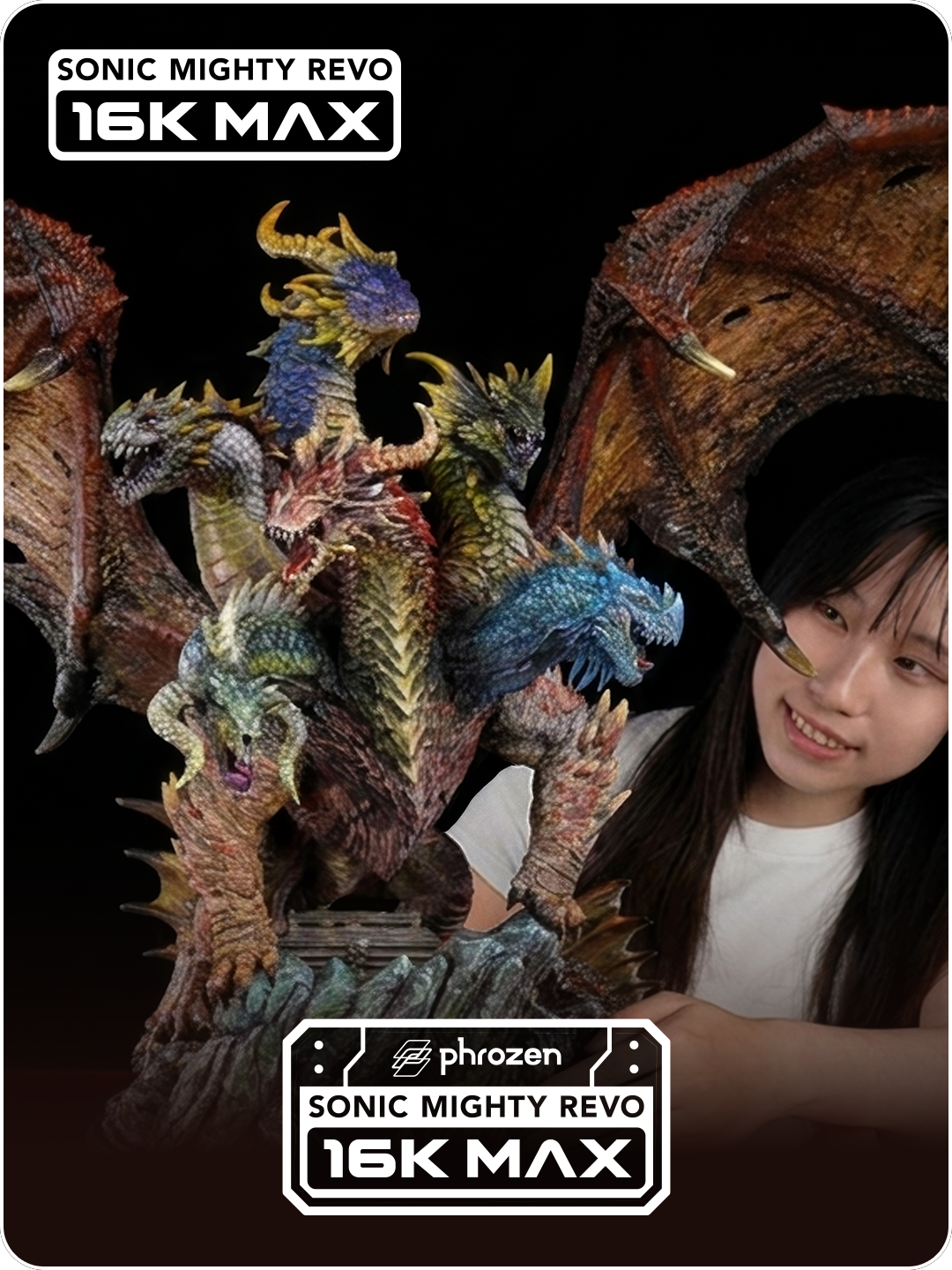 Instagram video thumbnail featuring a maker beside a large, fully painted multi-headed dragon printed with Revo MAX.