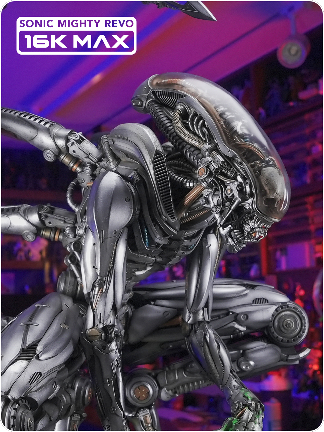 Instagram video thumbnail featuring a highly detailed metallic biomechanical alien creature printed with Revo MAX.