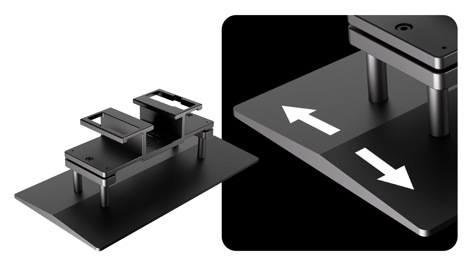 Sloped all-metal build plate with directional arrows showing resin draining off the surface for faster cleanup.