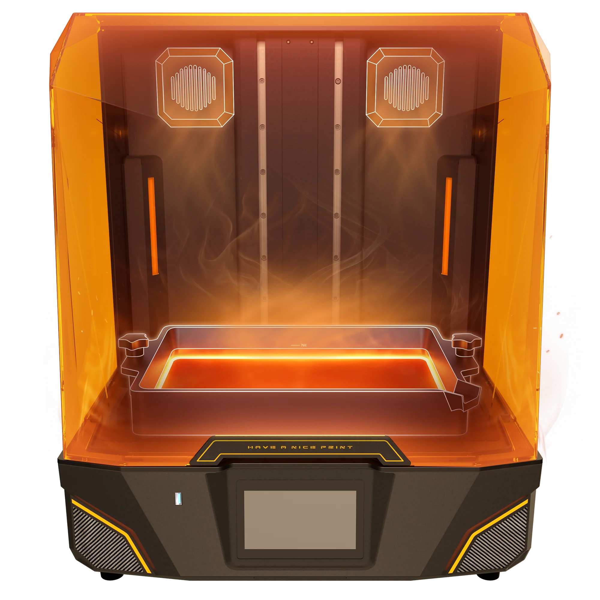 Sonic Mighty Revo MAX resin 3D printer with dual chamber heaters and a heated resin vat glowing inside, illustrating stable temperature control for reliable printing.