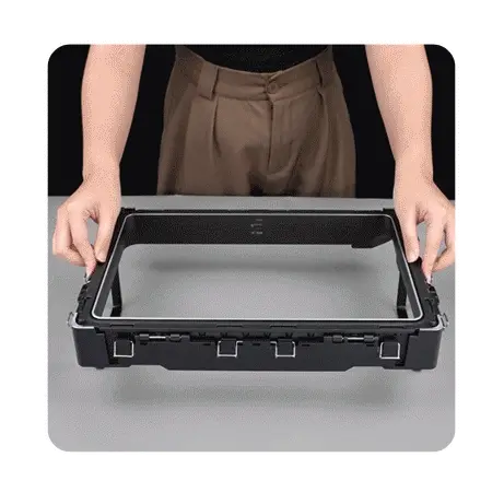 GIF showing a tool-free Quick-Release Film replacement, with hands removing the old film and installing a new one.